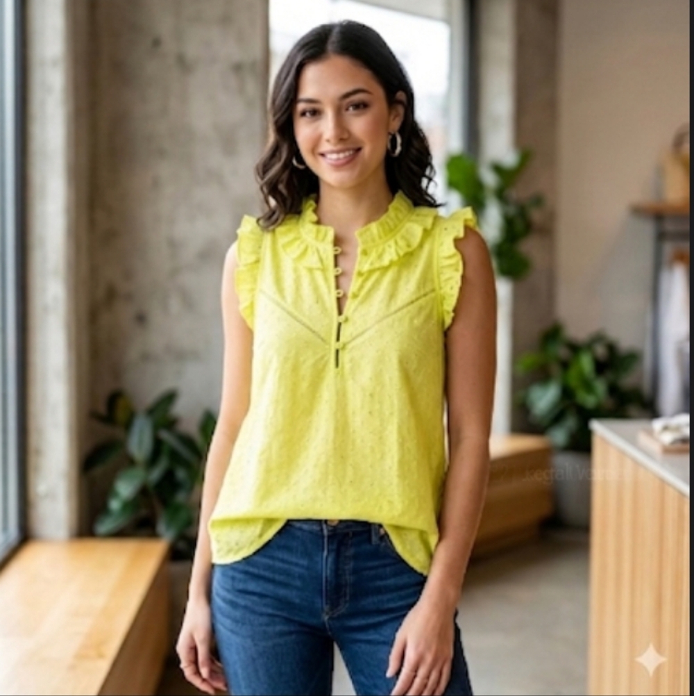 J. CREW Cotton Parquet Swiss Dot Textured Ruffled Neck Sleeveless Top 12 Yellow